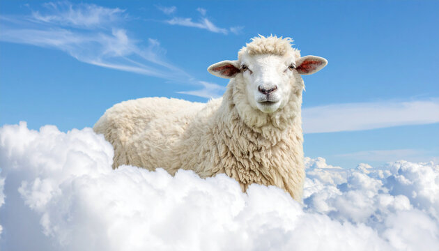 Una oveja blanca flotando entre nubes y cielo azul como met&aacute;fora de sue&ntilde;os libertad espiritual imaginaci&oacute;n pureza y calma interior en una imagen po&eacute;tica que conecta con lo et&eacute;reo y trascendente