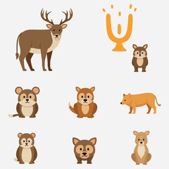 Fototapeta premium Set of cute cartoon animals and a golden trophy icon isolated on white background