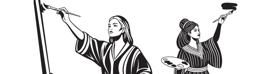 Artists creating vibrant masterpieces with paintbrushes and palettes in studio