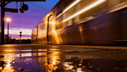 A train speeds through a station at dusk, its lights reflecting on the wet platform.