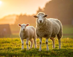 Obraz premium Sheep mother and lamb at sunrise