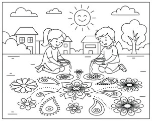 Rangoli design activity with children decorating colorful floral and paisley patterns on the ground outdoors under bright sunshine and a clear sky