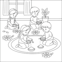 Rangoli making activity with children happily decorating the floor using colored powders in bowls while sitting together indoors surrounded by floral designs
