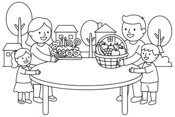 Family celebration scene with parents and children happily placing a basket of fruits and a tray of cake and sweets together on a large outdoor table
