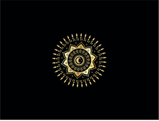 Ornate celestial sun and moon emblem on black background