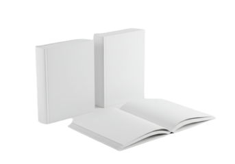 Blank hardcovers and open books creating a minimalist composition on white background