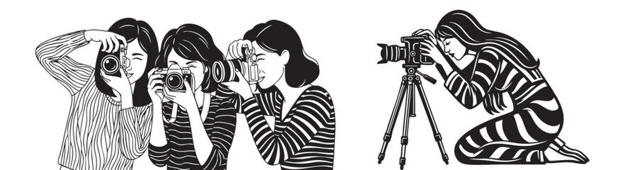 Creative women capture moments with vintage cameras, one films with professional gear