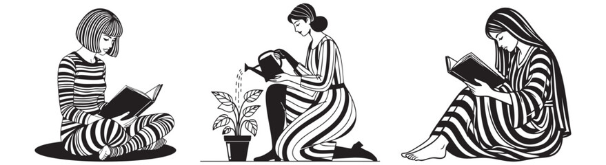 Women find peace reading books and nurturing plants in serene, stylish settings