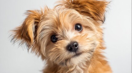 A cute, fluffy puppy with expressive eyes and a curious head tilt, showcasing its playful and friendly nature.