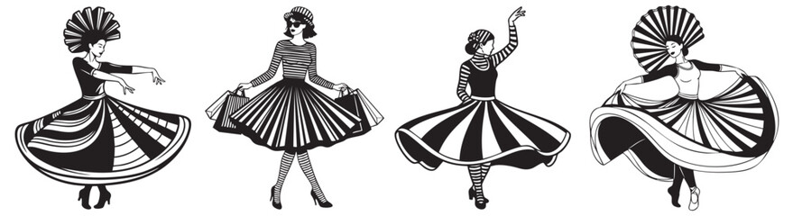 Stylish women in flowing dresses and shopping bags embody vintage fashion and elegance.