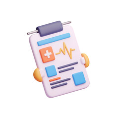 3d illustration of a medical clipboard with a heartbeat line and plus sign, isolated on transparent background