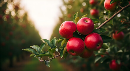 Fototapeta premium Juicy Red Apples Hanging on Branch in Orchard at Sunset Fresh Harvest Organic Farming Apple Picking Healthy Food Vitamin C Nature Scene Agriculture