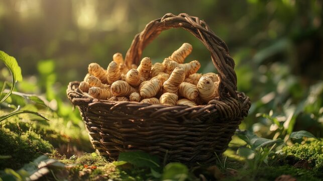 Fresh fingerroot tubers in wicker basket natural forest setting