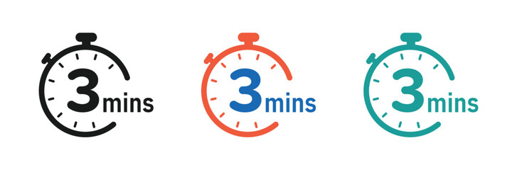 3 minutes timer, stopwatch or countdown vector icons