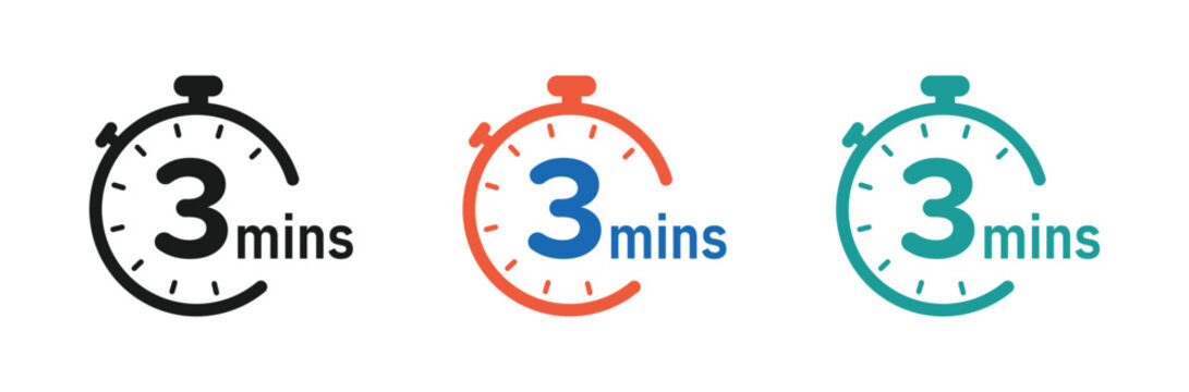 3 minutes timer, stopwatch or countdown vector icons