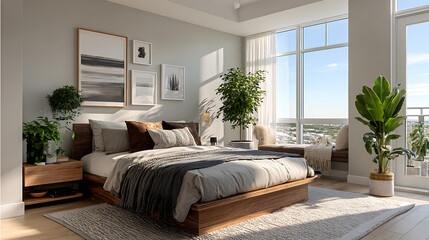 serene modern bedroom decor with wooden furniture and soft bedding, bright sunlight filling large windows, framed wall art and plants adding calm cozy home atmosphere