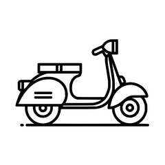 A black and white line drawing of a vintage style scooter with a seat and visible wheels shown sideways