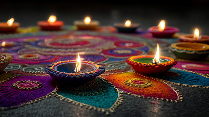 A vibrant rangoli design with colorful diyas illuminating the intricate patterns on the floor