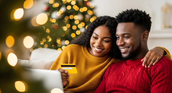 Happy Couple Christmas Online Shopping Credit Card Festive Season Gift Buying Holiday Cheer Winter Ecommerce