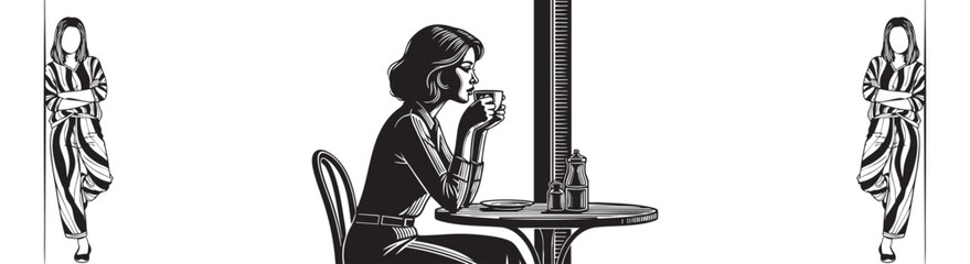 Elegant woman enjoys coffee break in stylish cafe atmosphere, feeling sophisticated and relaxed.