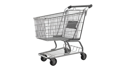 Isolated grocery store shopping cart, featuring durable metal construction, perfect for retail and consumer concepts, offered with a Transparent Overlay for versatile design projects