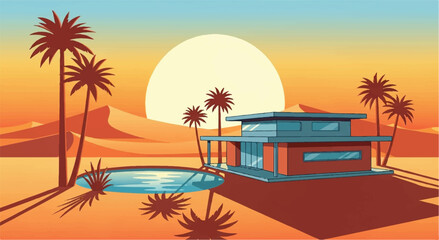 Obraz premium Desert oasis house with palm trees landscape