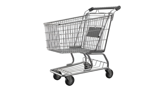 Isolated grocery store shopping cart, featuring durable metal construction, perfect for retail and consumer concepts, offered with a Transparent Overlay for versatile design projects