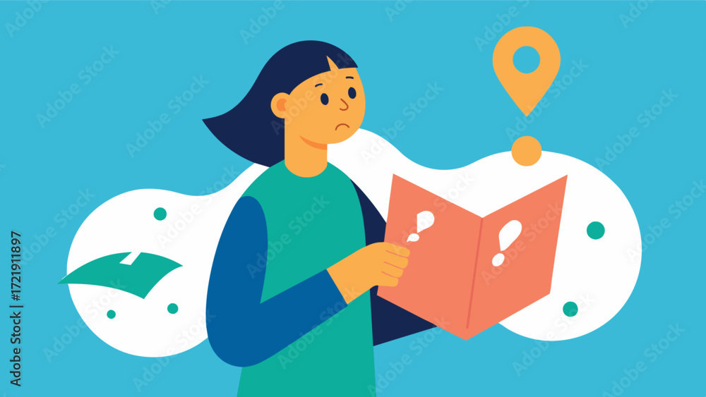 Poster a person looking at a map confused and unable to remember how to get to their destination.. vector i