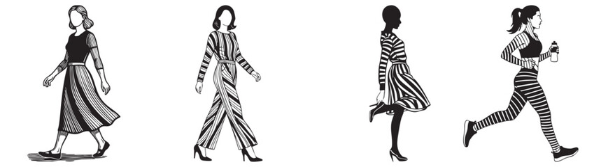 Diverse women showcase fashion and active lifestyles with dynamic striped patterns