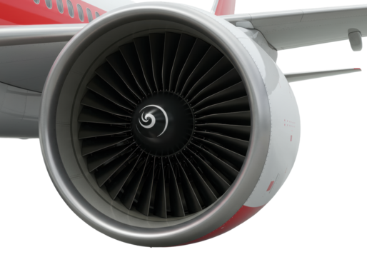 A powerful, modern jet engine's front section with gleaming, intricately patterned turbine blades and polished casing, red accents on fuselage, on transparent background. Concept of advanced aerospace