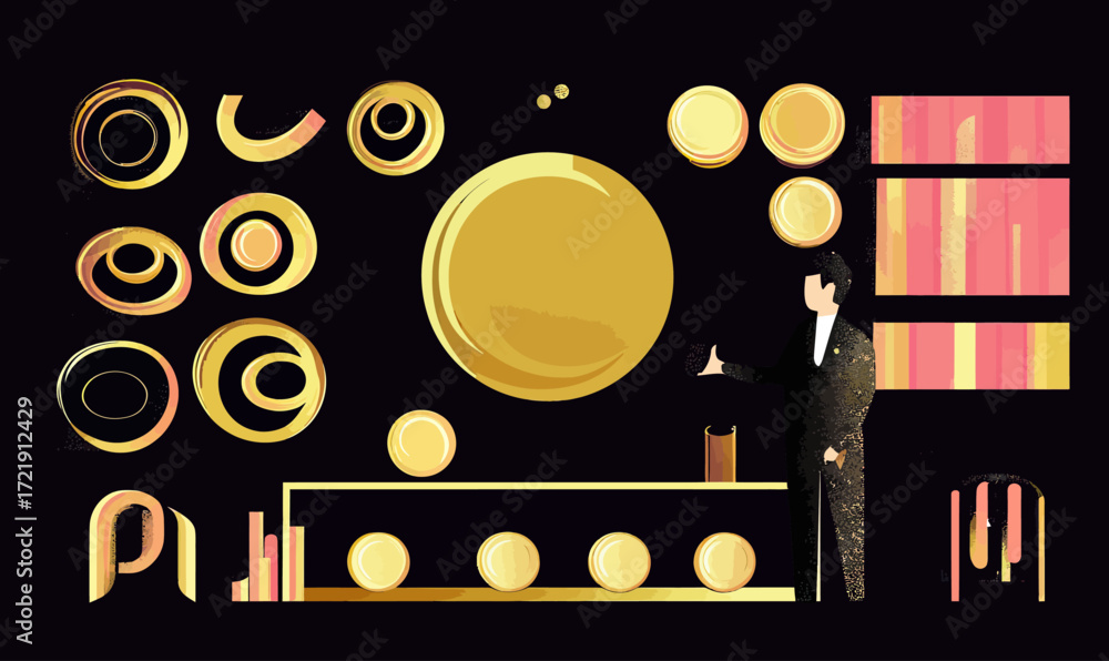 Poster businessman analyzing golden charts, pie graphs, circular data visualizations, and bar graph statist