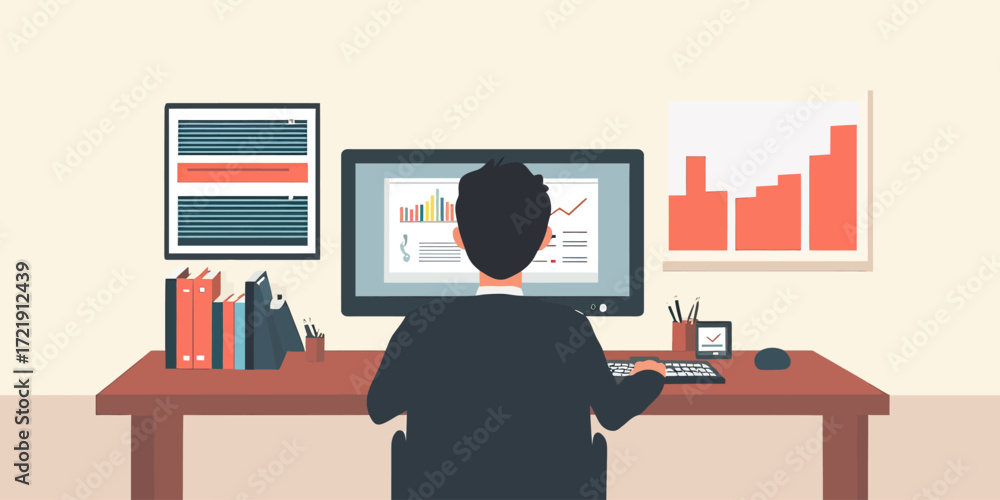 Poster flat businessman analyzing financial investment graph report on computer screen with business docume