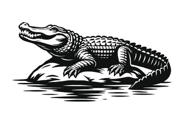 Fototapeta premium a black and white silhouette of a crocodile with white background