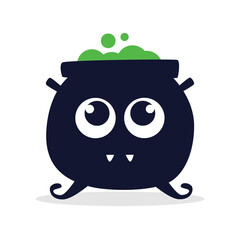 Cute and adorable cauldron flat illustration with big eyes and tiny fangs isolated on white background.