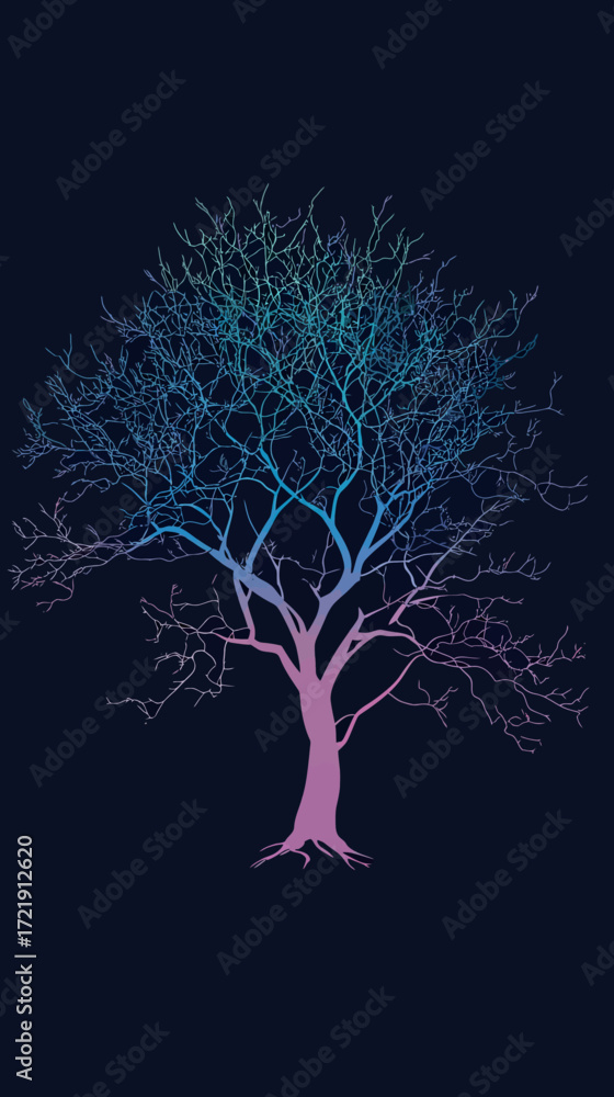 Poster detailed minimalist silhouette of leafless tree with intricate branches and gradient color on dark b