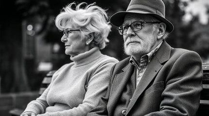 Senior couple sitting on a bench in a park, captured in black and white tones. Senior couple enjoying companionship and quiet moment together, captured in a timeless black and white style.
