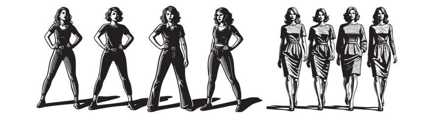 Confident women showcase diverse stylish outfits and strong stances