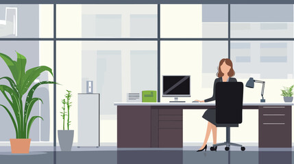 professional woman working at office desk with computer modern workspace indoor plants large window business environment flat design vector illustration