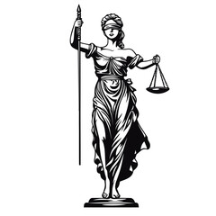 Lady Justice statue holding scales and sword blindfolded standing on pedestal black and white vector illustration for law and justice concept design