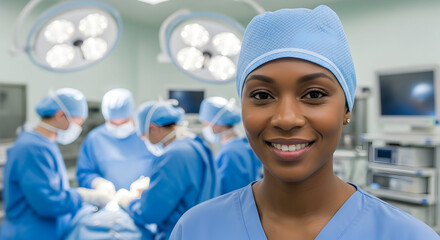 Confident female surgeon smiling in operating room teamwork healthcare medical professional expertise success doctor hospital clinic surgery medicine health