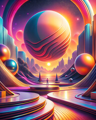 Abstract futuristic planet landscape with giant glowing sphere and colorful horizon / Paisaje planetario futurista abstracto con esfera brillante gigante y horizonte colorido