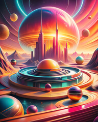 Futuristic cosmic temple with circular glowing structures and radiant colors / Templo cósmico futurista con estructuras circulares brillantes y colores radiantes