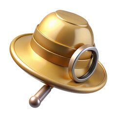 3d golden safari hat with magnifying glass isolated on transparent background