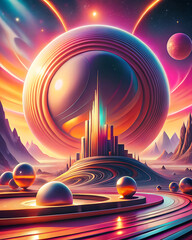 Surreal cosmic city with giant glowing planet and colorful fantasy sky / Ciudad cósmica surrealista con planeta brillante gigante y cielo colorido de fantasía