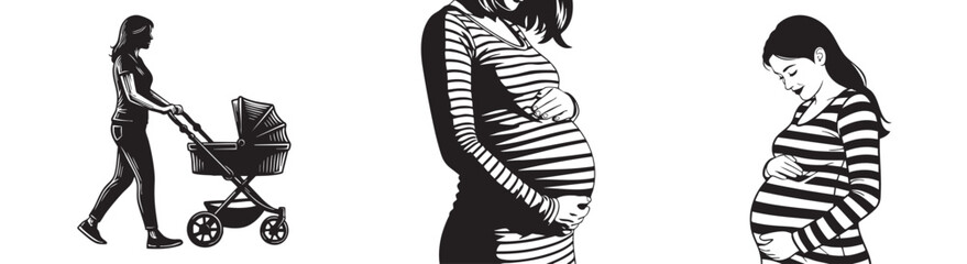 Pregnant woman tenderly holds belly, mother pushes stroller, diverse maternal moments