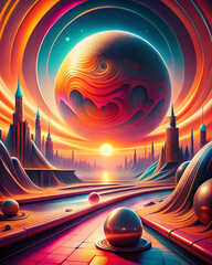 Futuristic alien planet with giant colorful sphere above surreal horizon / Planeta alienígena futurista con esfera colorida gigante sobre horizonte surrealista