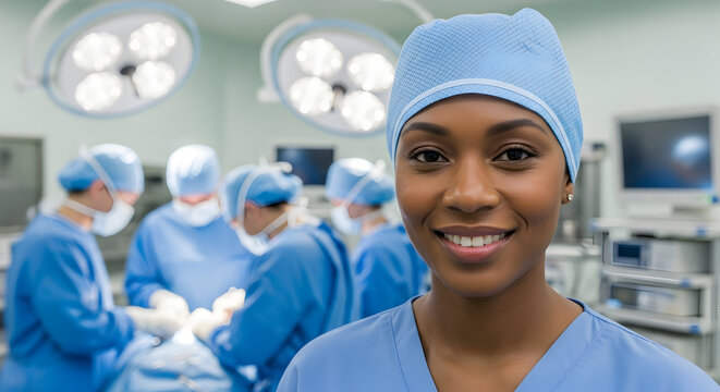 Confident female surgeon smiling in operating room teamwork healthcare medical professional expertise success doctor hospital clinic surgery medicine health