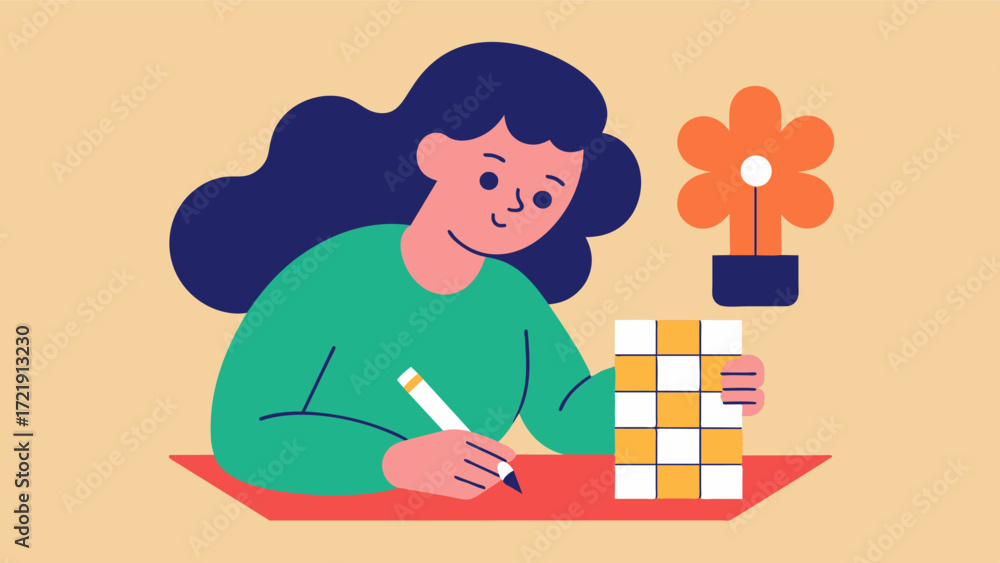 Poster a picture of a woman doing a crossword puzzle with a note that says brain games incorporating puzzle