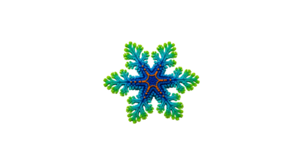 Intricate fractal snowflake with blue, green, and orange colors isolated on transparent background, representing winter and mathematical art