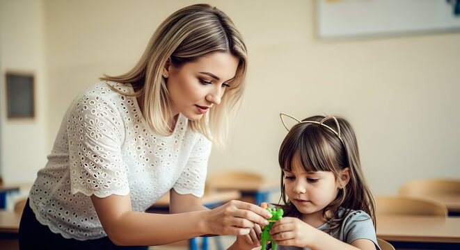 Teacher assisting young student with crafting project in classroom learning education childhood development preschool kindergarten elementary school teacher student interaction help support care